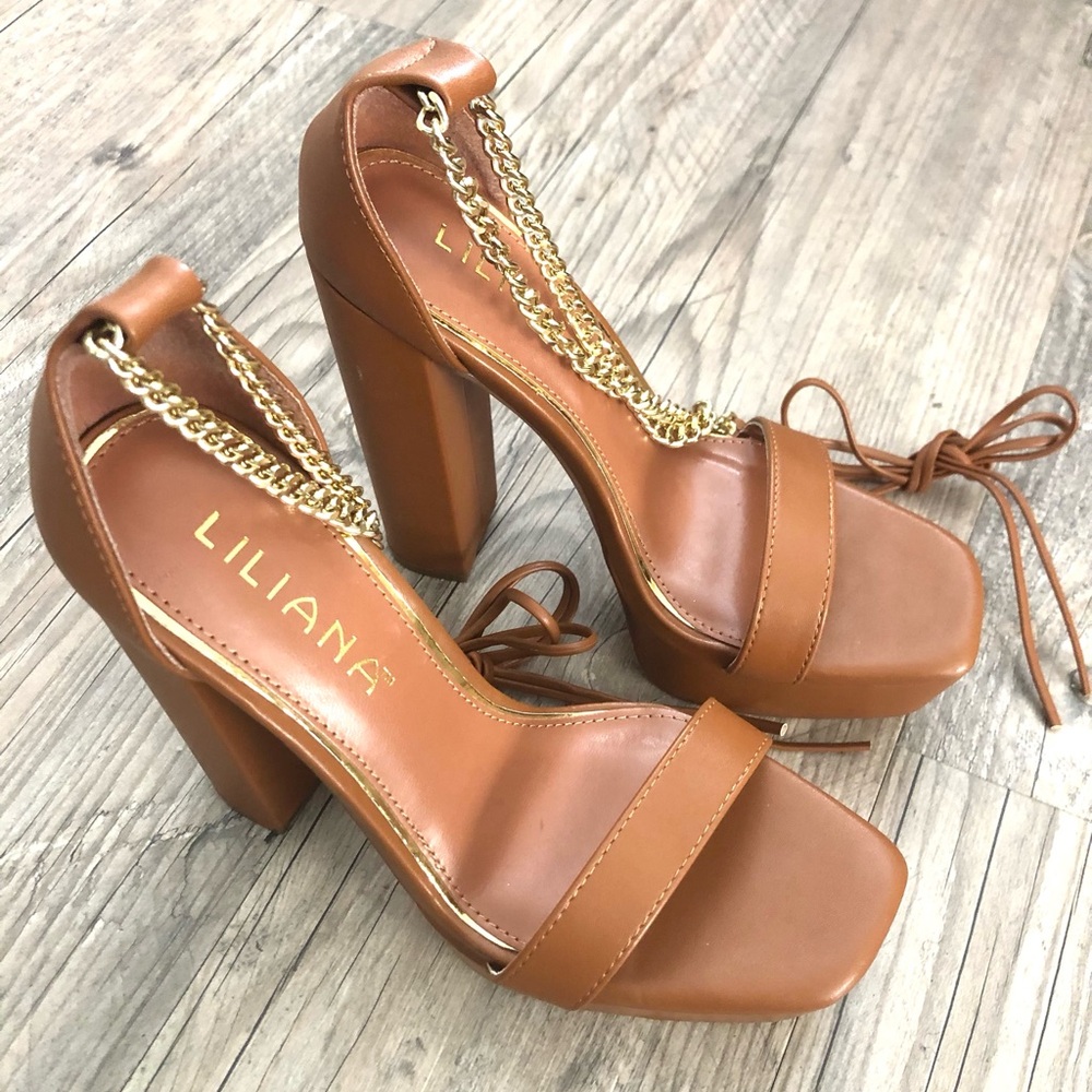 Liliana Tan Heels with Gold Chain Accent